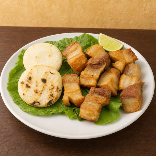 Chicharron Con Arepa o Papa.